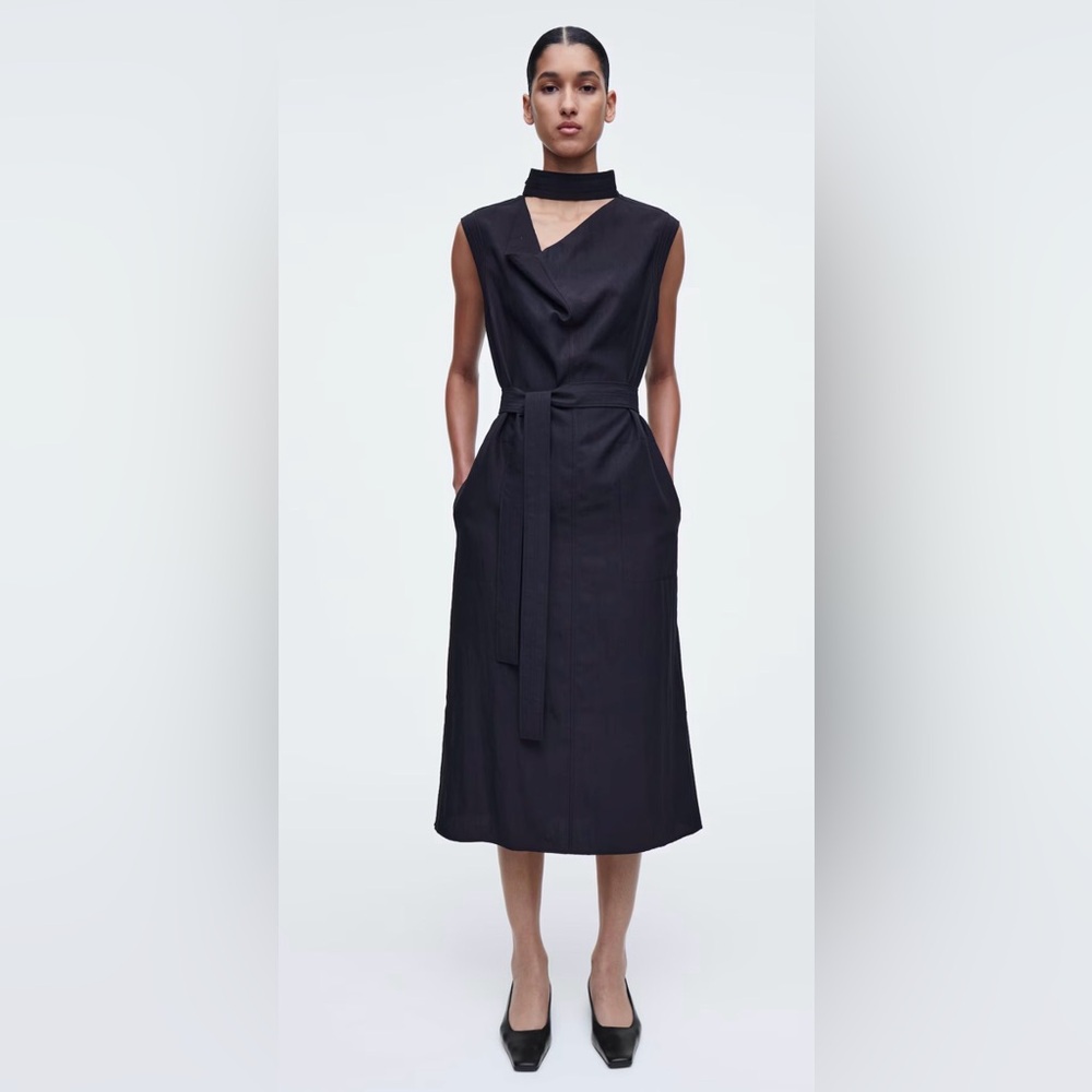 NEW COS CUTOUT COWL-NECK MIDI Sleeveless Dress sz 10 M Dark blue